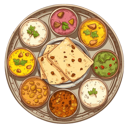 Illustration einer fröhlichen Comicfigur mit Spaghetti und Schriftzug ‚Dolce Far Niente' – verspieltes Taj Mahal-Motiv im Retro-Stil.